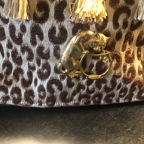 NWT Denim and Animal Print handmade bag by Marcia has a gold colored cat pendant - Picture 2 of 6